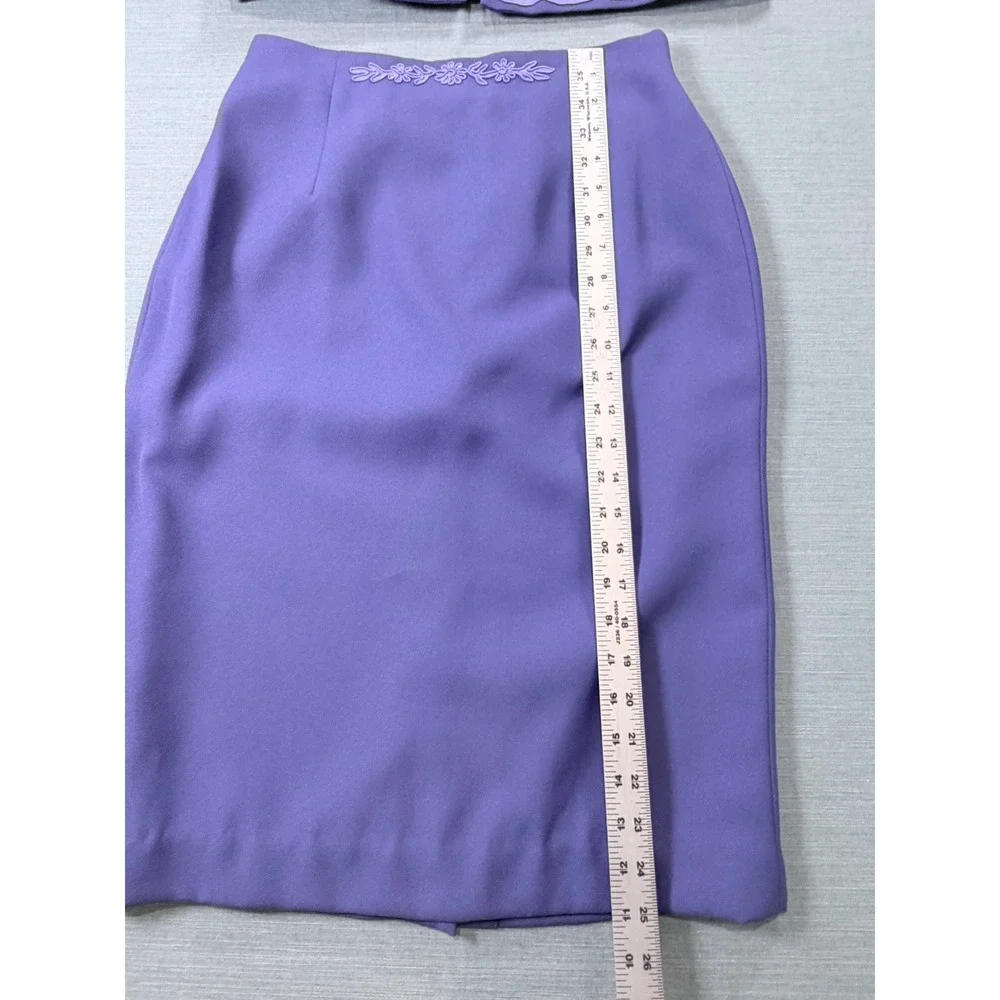 VTG Leslie Fay Petite Purple Skirt Suit Floral Embroidered 2 Piece Set 8P